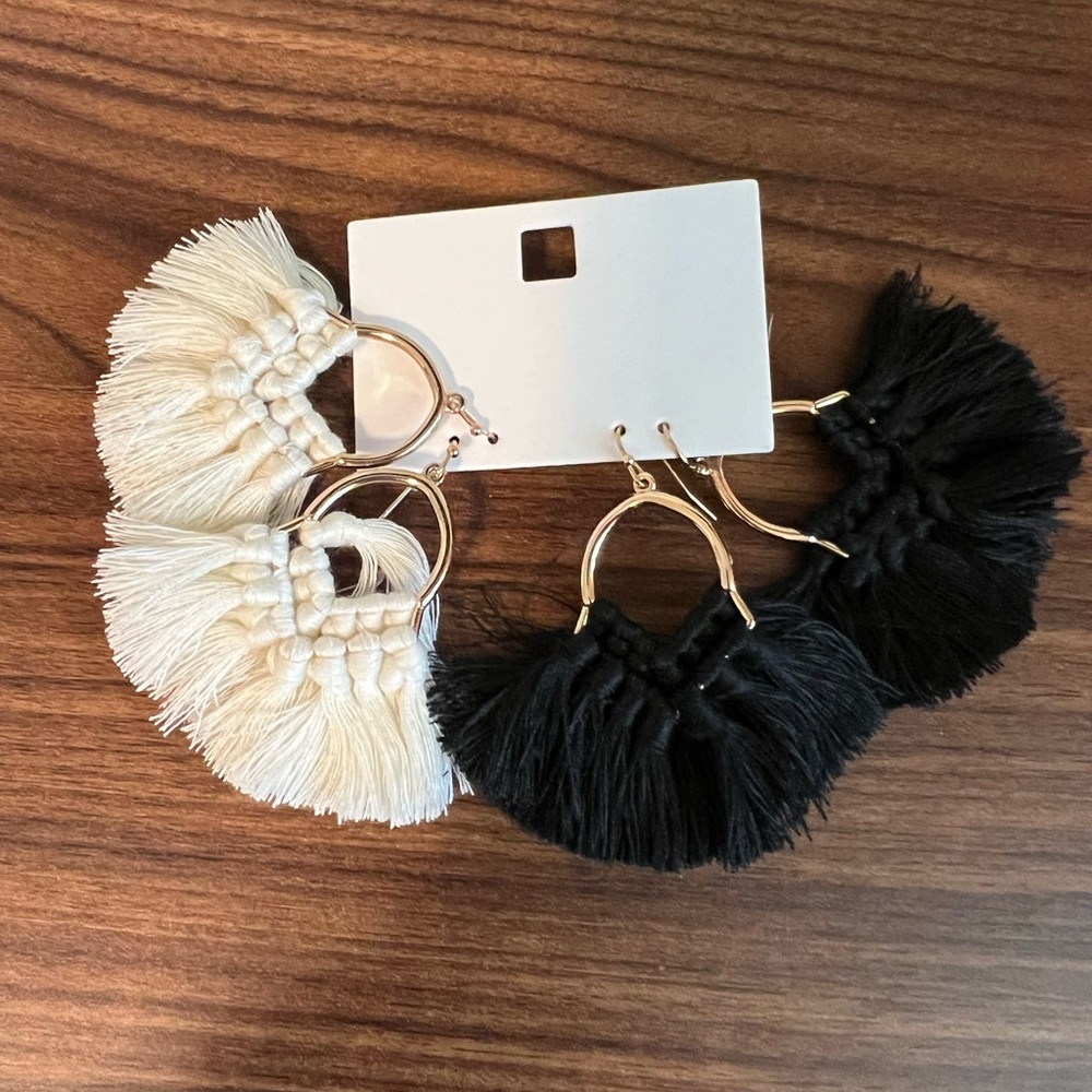 Elegant Black and Cream Tassel Earrings